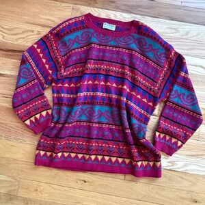 Vintage Alfred Dunner Women’s Multicolor Patterned Crewneck Sweater - Pink